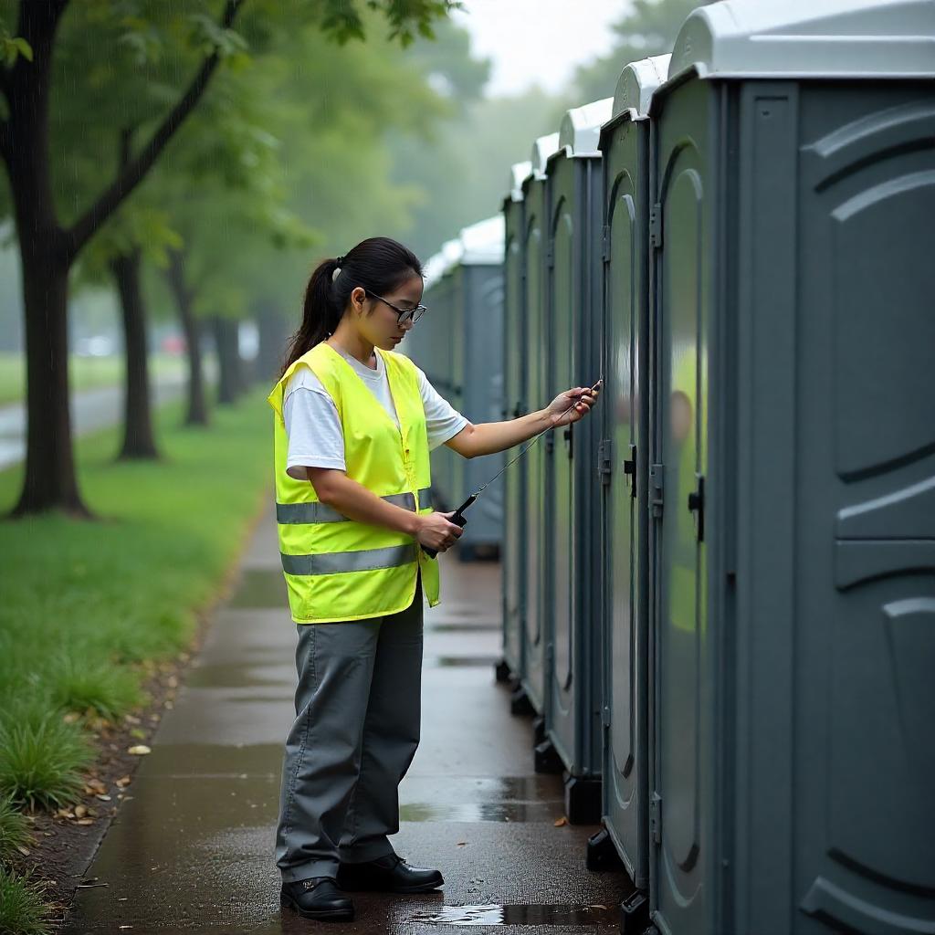 Clean portable toilets arranged on construction site